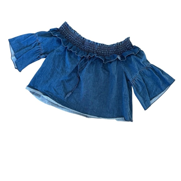 Bebe Blue Denim Jean Cropped Top Short Sleeve off the Shoulder Ruffle M - Picture 1 of 6